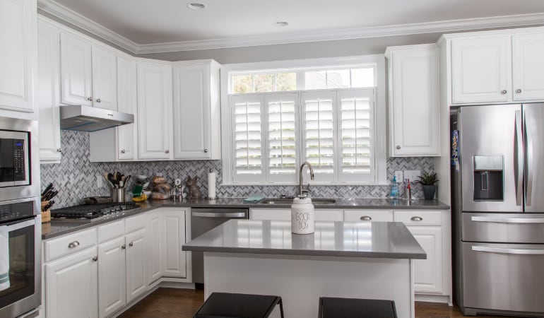 Polywood shutters in a Boston gourmet kitchen.